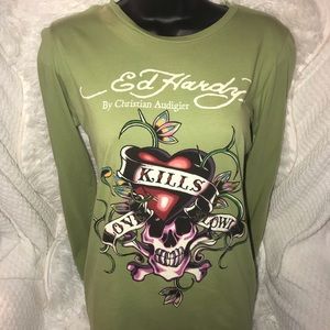 Green long sleeve ed hardy skull t shirt